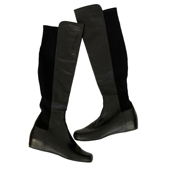Stuart Weitzman Black Leather Wedge Tall Boots Sz 10.5 - Picture 1 of 7